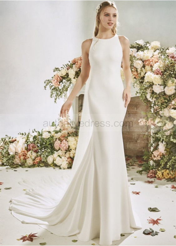 Sleeveless Ivory Crepe Sheer Back Wedding Dress